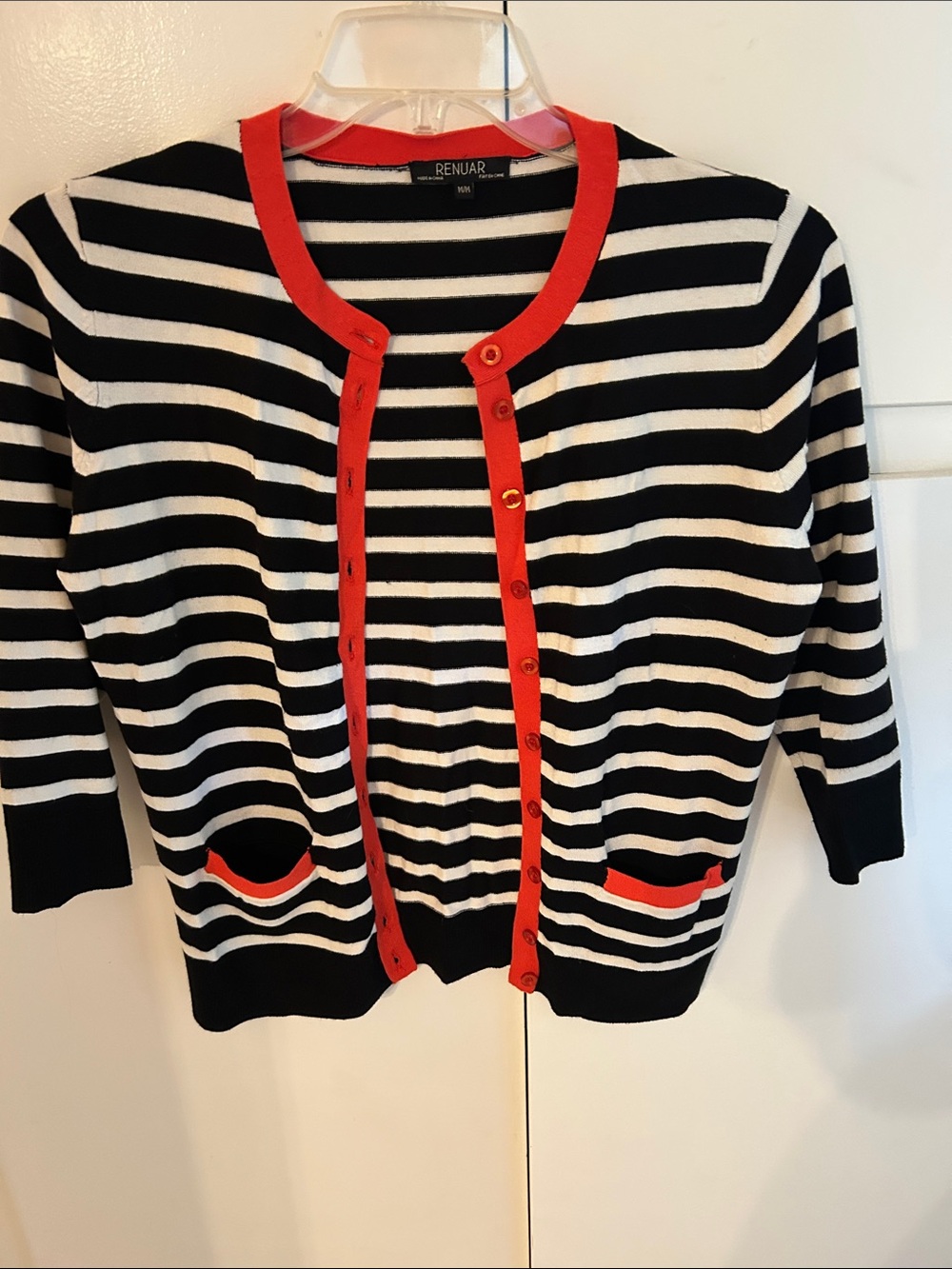 Renuar Black & White Striped Cardigan with Red Trim